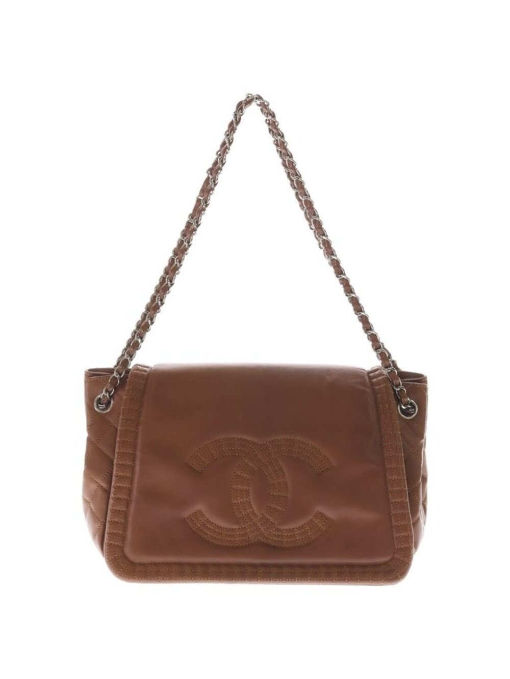 Chanel CC Logo Fringe Chain Shoulder Flap Bag Handbag Brown Leather Silver